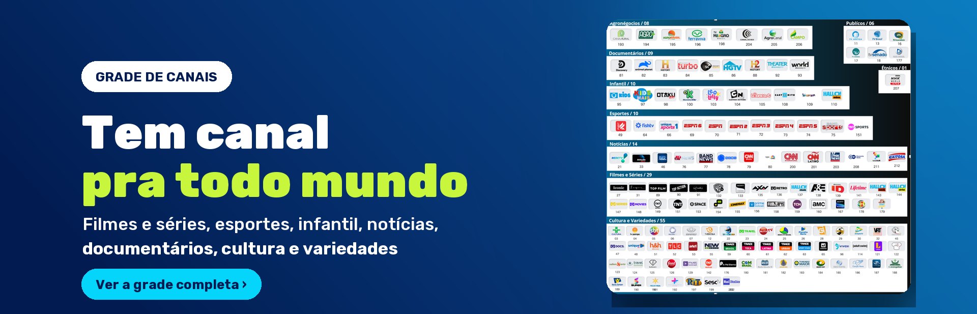 Grade de canais do DAVOI TV Box — tem canal pra todo mundo