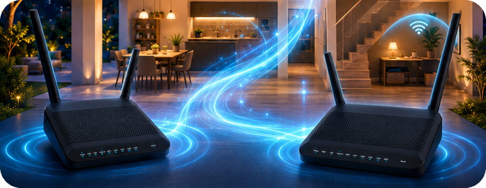 Dois roteadores Mesh DAVOI cobrindo a casa toda com Wi-Fi